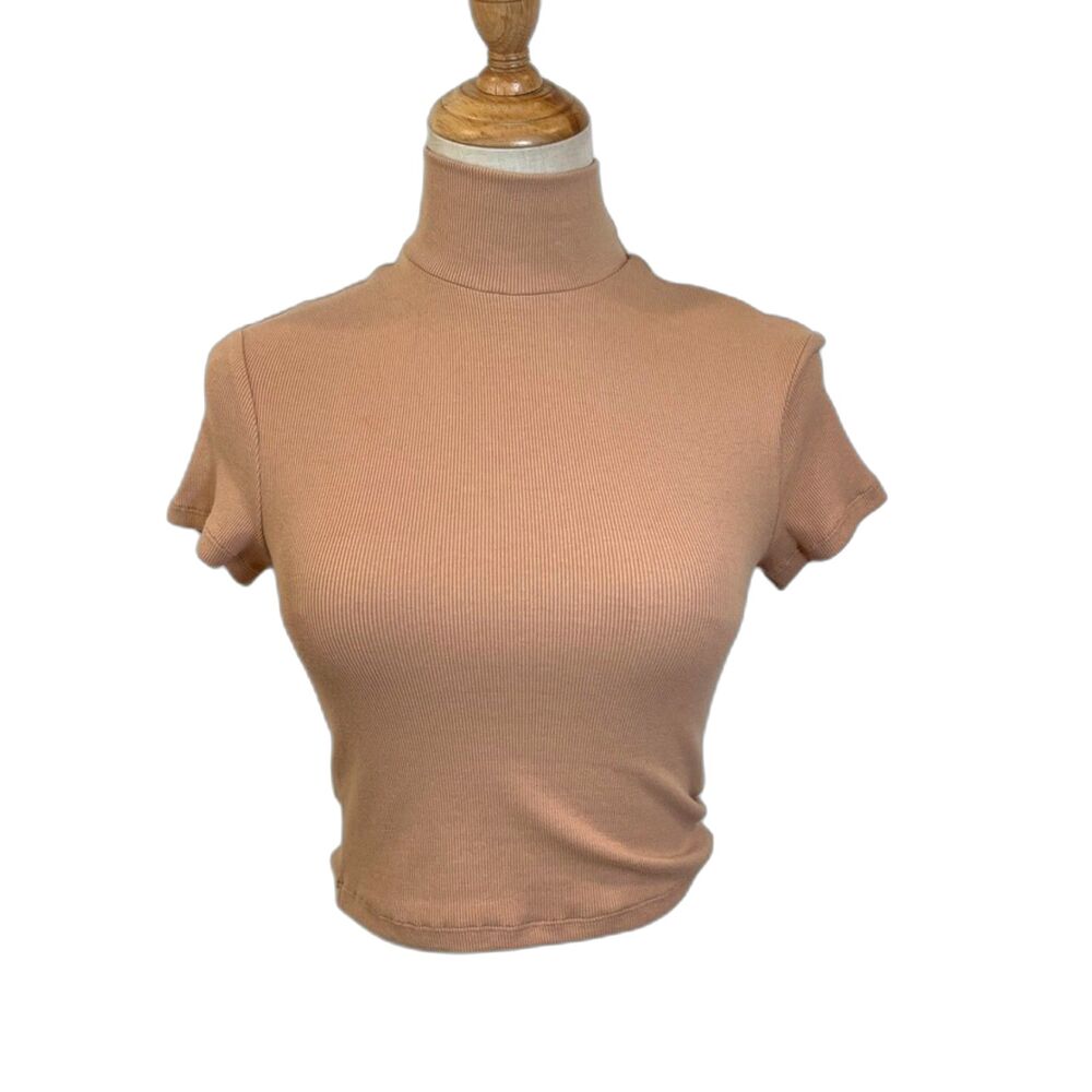 Ladaire Nima Rib Knit Crop Top Brush Tan NEW NWT XXS Mock Neck Short Slv $88